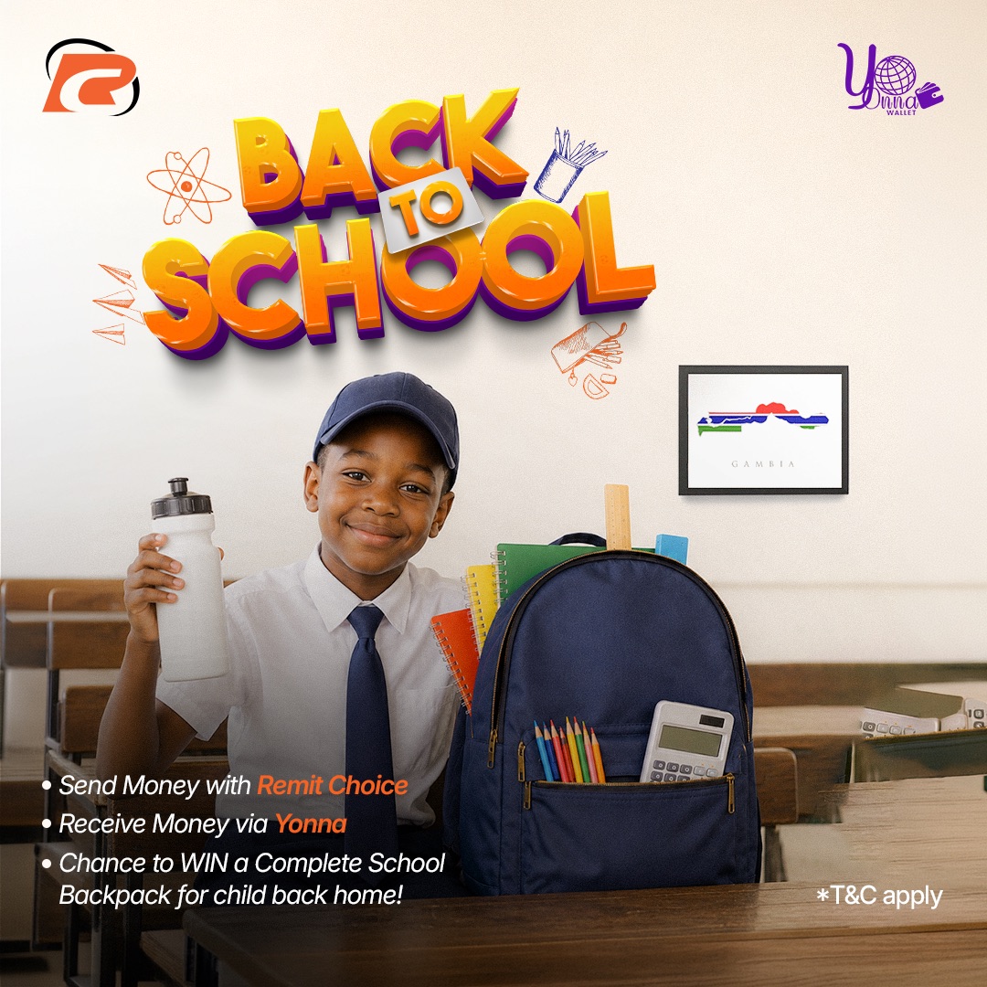 Back-to-school campaign banner featuring a Gambian schoolboy with a backpack and school supplies, promoting Remit Choice money transfers via Yonna with a chance to win a complete school backpack.